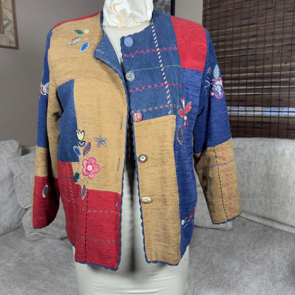 Koret City Blues Patchwork Denim Knit Jacket Floral Embroidered Boho Womens 16W